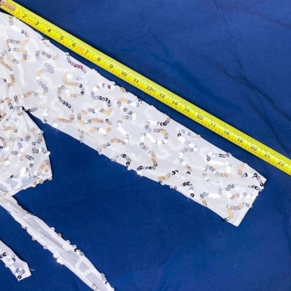 Sequin Tie-Front Sheer Creme Crop Top - Picture 11 of 12